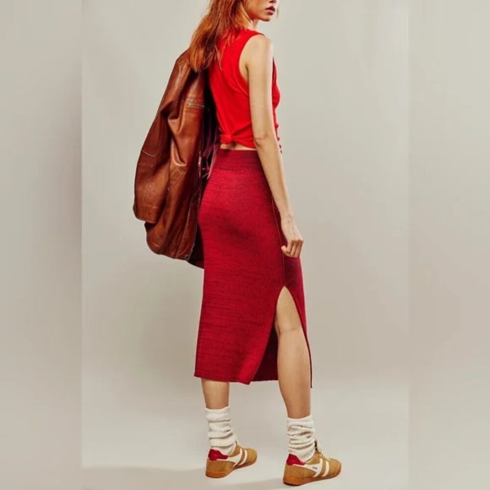 Free People Golden Hour Midi Skirt Mulberries Combo Womens M Side Slit Soft Knit